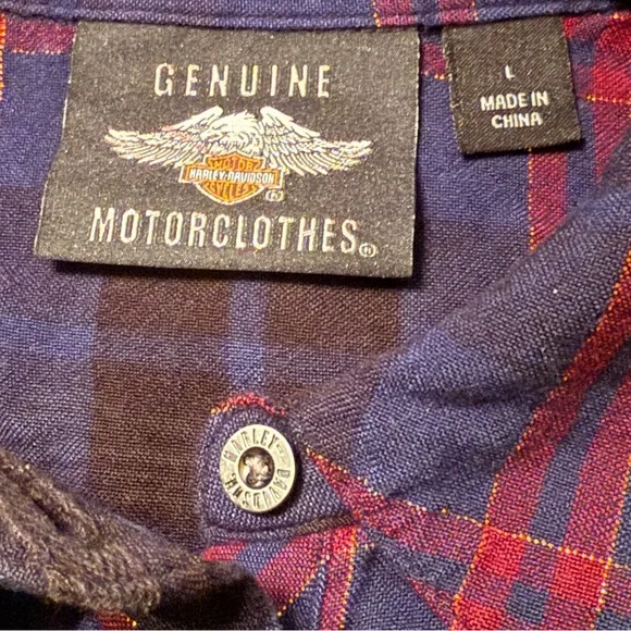 Harley-Davidson Lurex Plaid Flannel Shirt Blue/Red Roses Size Large EUC - Picture 3 of 15